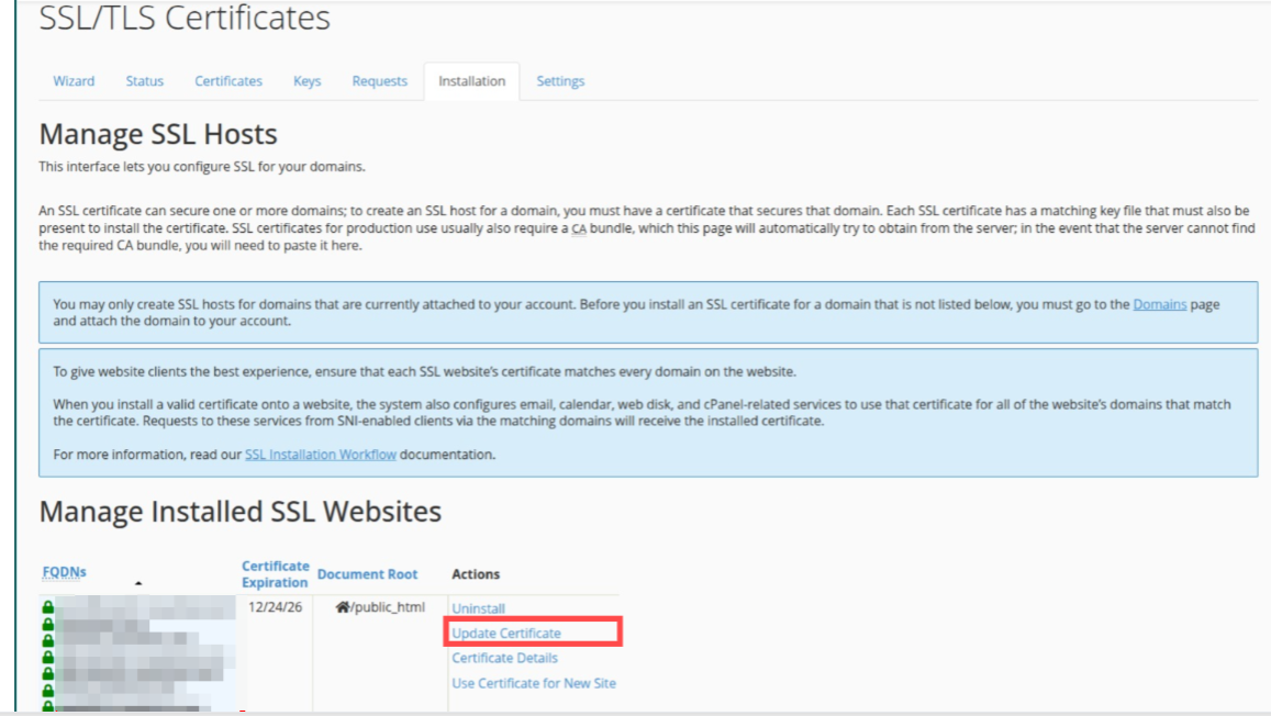 Manage SSL Sites untuk Update SSL di cPanel