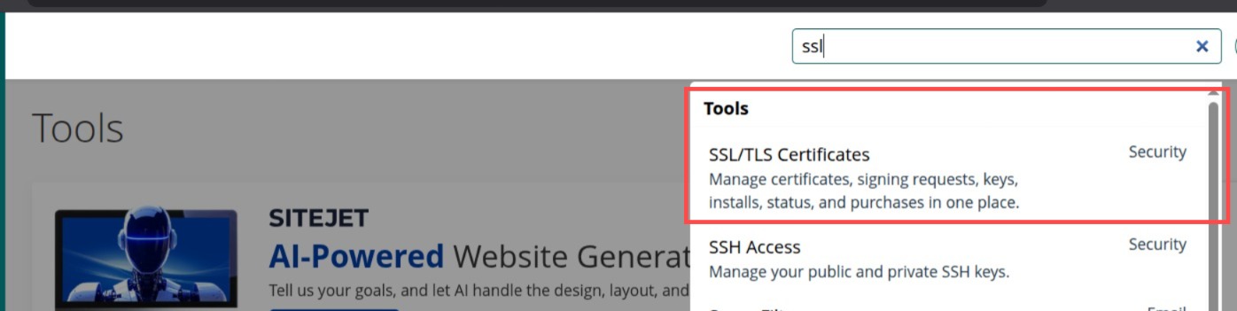 Menu SSL TLS pada cPanel untuk Update SSL di cPanel