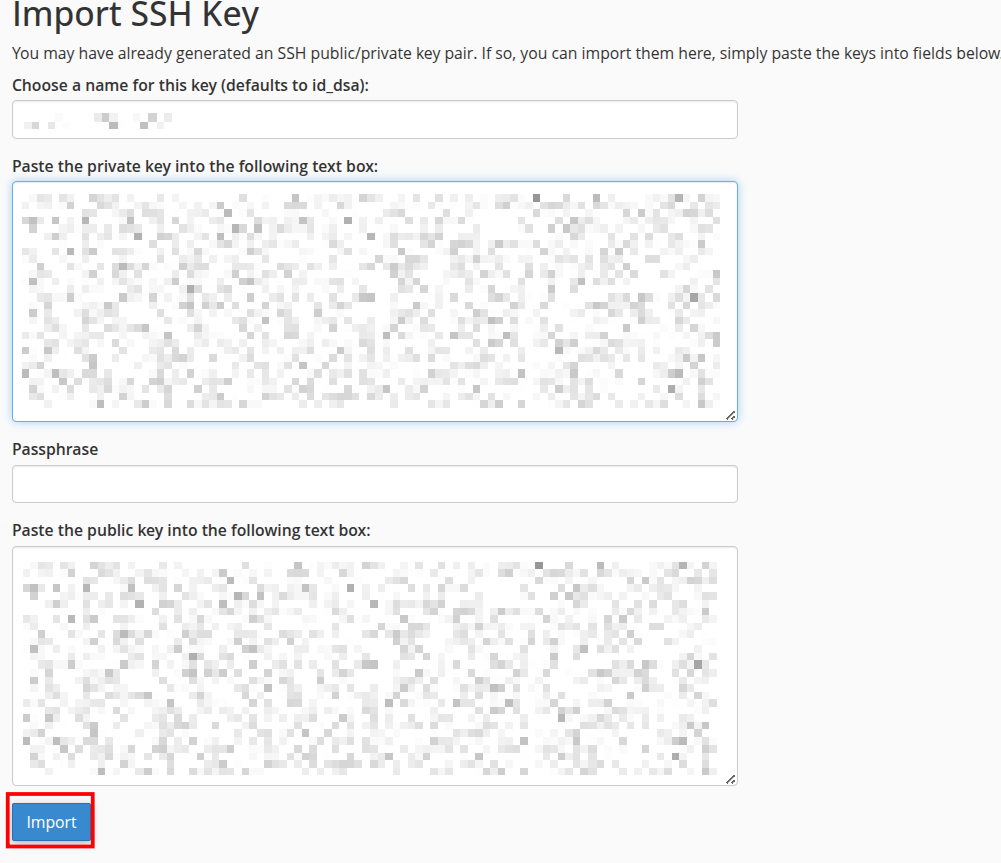 SSH Access Key di cPanel berhasil diimpor