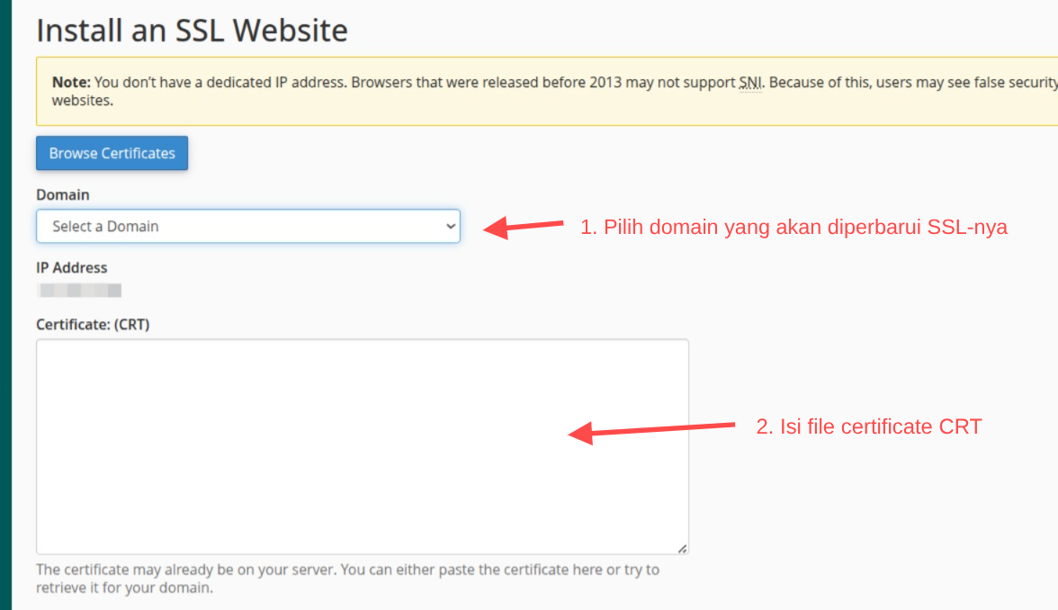 Form Update Certificate pada cPanel untuk Update SSL di cPanel